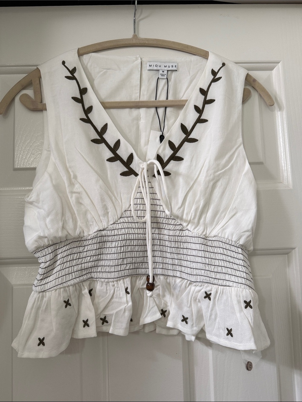 Miou Muse Cream Embroidered V-Neck Smocked Cropped Top *NWT